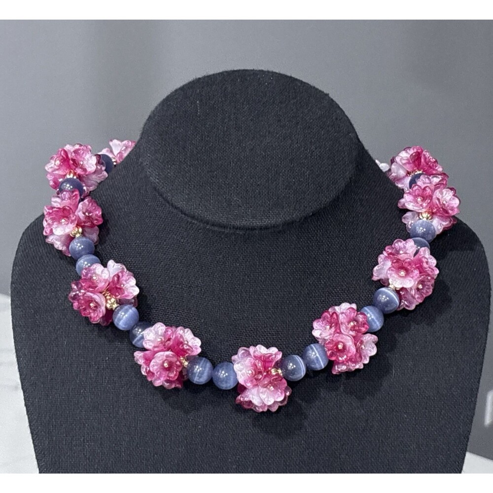 Eyecandy LA Necklace Statement Floral Beaded Purple Flower Cluster Gold Tone NEW - Picture 2 of 10